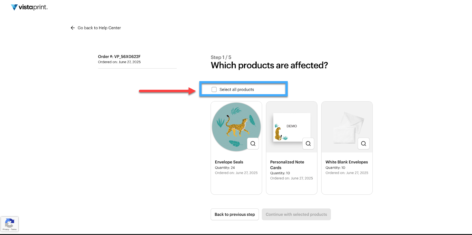 Self-service support form step with the option to select affected products.
